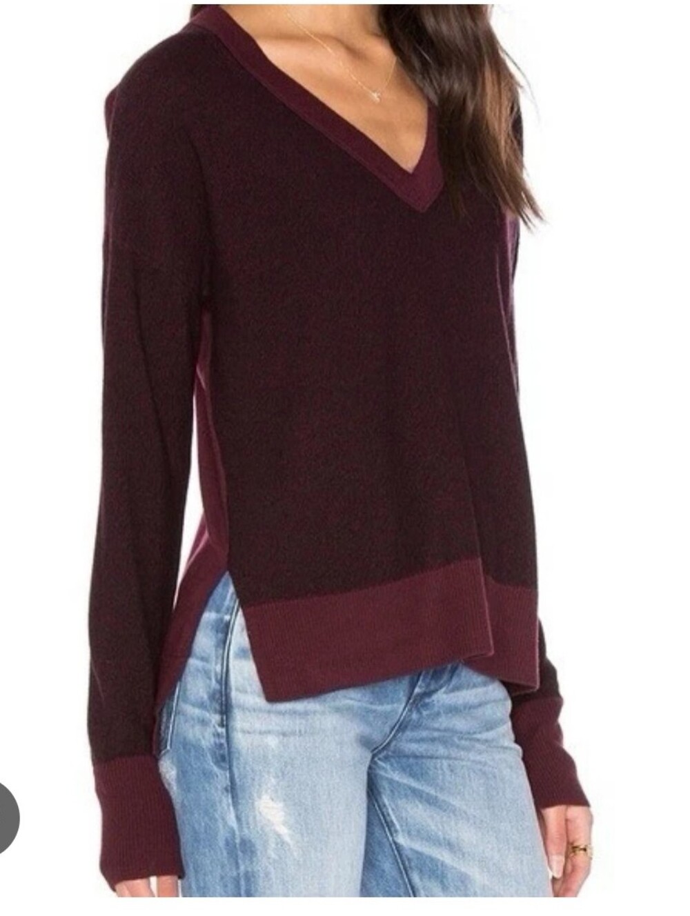 rag & bone Two-Tone V-Neck Sweater in Burgundy and Wine